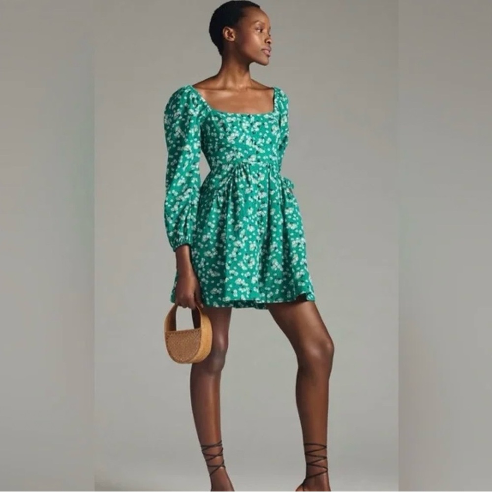 Anthropologie Green Floral Mini Dress